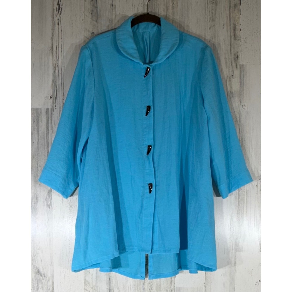 Fridaze Linen Tunic Large Turquoise Blue Toggle Button 3/4 Sleeve Lagenlook READ